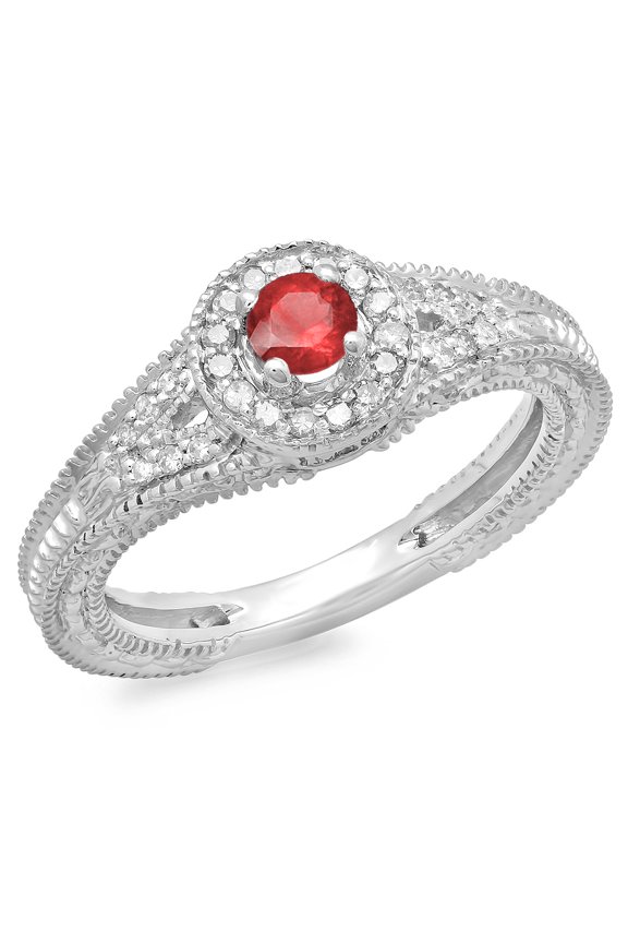 0.50 Carat (ctw) 18K White Gold Round Red Ruby & White Diamond Ladies Split Shank Bridal Vintage Halo Style Engagement R