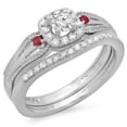 thumbnail image 1 of 0.50 Carat (ctw) 18K White Gold Round White Diamond and Red Ruby Ladies Halo Style Bridal Engagement Ring With Matching, 1 of 1