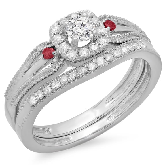 0.50 Carat (ctw) 18K White Gold Round White Diamond and Red Ruby Ladies Halo Style Bridal Engagement Ring With Matching