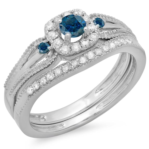 0.50 Carat (ctw) 18K White Gold Round White and Blue Diamond Ladies Halo Style Bridal Engagement Ring With Matching Band