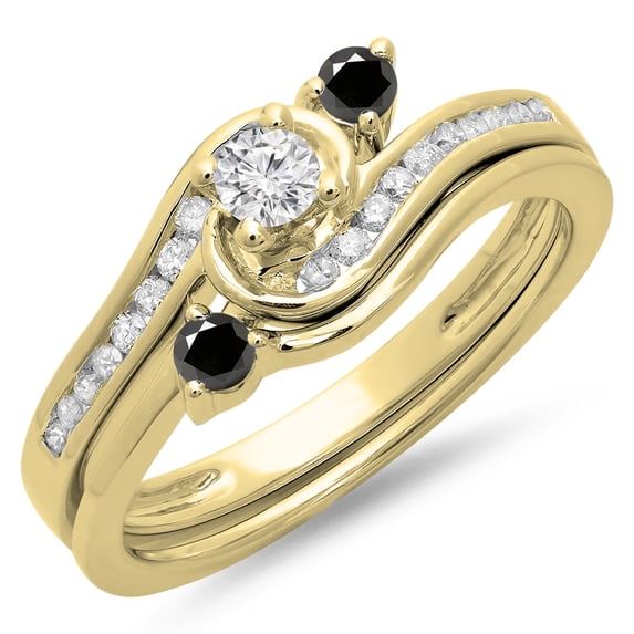 0.50 Carat (ctw) 18K Yellow Gold Round Black & White Diamond Ladies Bridal Twisted Swirl Engagement Ring With Matching B