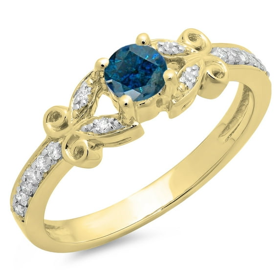 0.50 Carat (ctw) 18K Yellow Gold Round Blue & White Diamond Ladies Bridal Unique Vintage Style Engagement Ring 1/2 CT