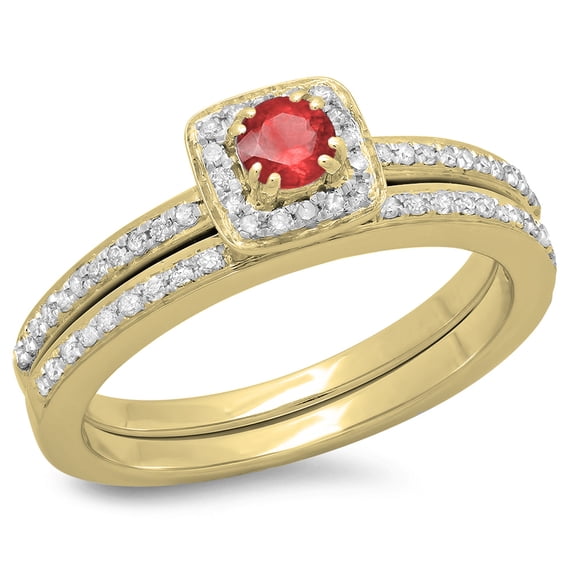0.50 Carat (ctw) 18K Yellow Gold Round Cut Red Ruby & White Diamond Ladies Bridal Halo Engagement Ring With Matching Ban