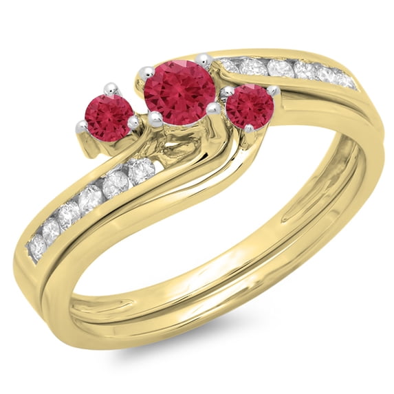0.50 Carat (ctw) 18K Yellow Gold Round Red Ruby & White Diamond Ladies Bridal Swirl Engagement Ring With Matching Band S
