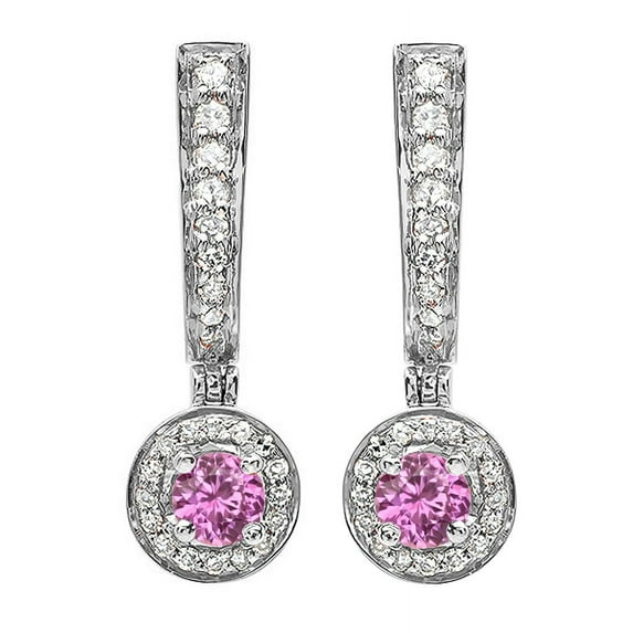 0.50 Carat (ctw) 18k White Gold Round Pink Sapphire & White Diamond Ladies Fine Dangling Drop Earrings 1/2 CT