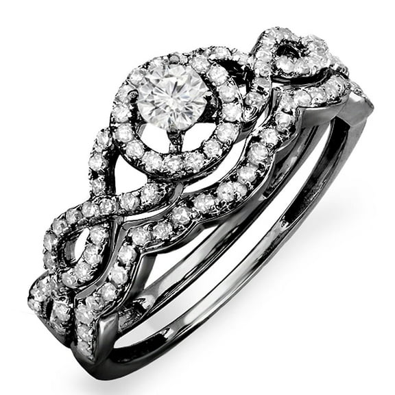 0.50 Carat (ctw) Black Rhodium Plated 14K White Gold Round Diamond Ladies Bridal Engagement Ring Set