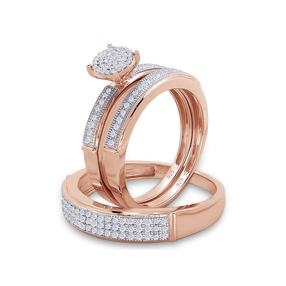 0.50 Carat (ctw) Round Cut White Lab Created Moissanite Diamond Men's and Women's Engagement Ring Trio Bridal Set In 14K Rose Gold Over Sterling Silver Size: Women-8 & Men-13