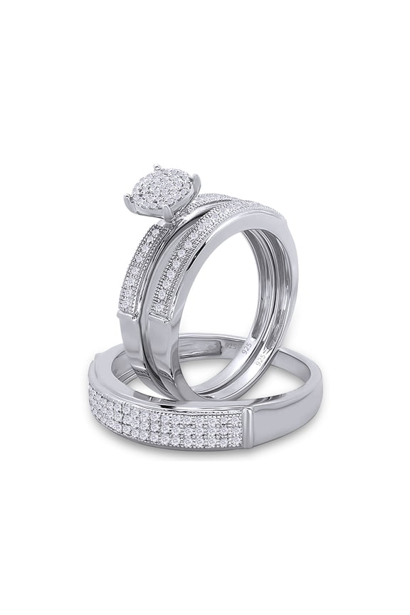 0.50 Carat (ctw) Round Cut White Lab Created Moissanite Diamond Men's and Women's Engagement Ring Trio Bridal Set In 14K White Gold Over Sterling Silver Size: Women-4 & Men-11