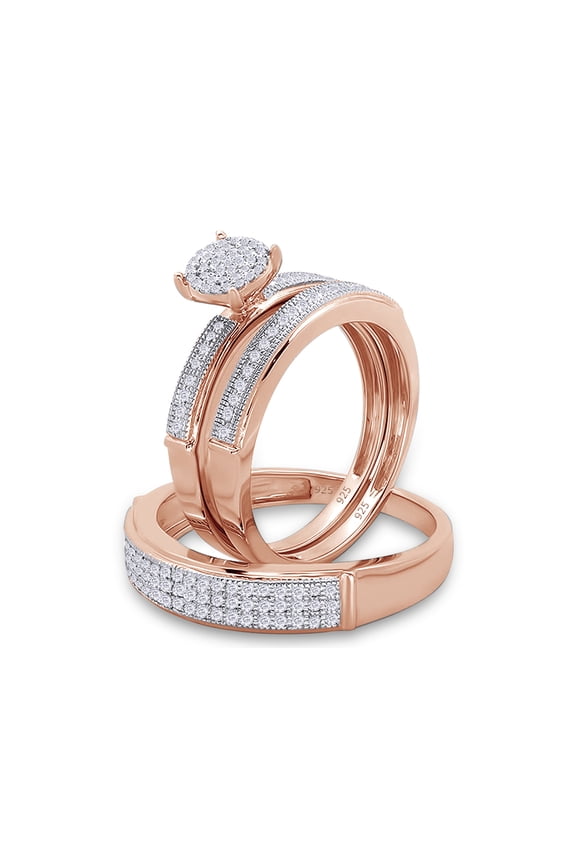 0.50 Carat (ctw) Round Cut White Lab Created Moissanite Diamond Men's and Women's Engagement Ring Trio Bridal Set In 14K Rose Gold Over Sterling Silver Size: Women-7 & Men-11.5
