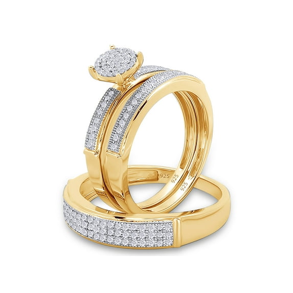 0.50 Carat (ctw) Round Cut White Lab Created Moissanite Diamond Men's and Women's Engagement Ring Trio Bridal Set In 14K Yellow Gold Over Sterling Silver Size: Women-8.5 & Men-8