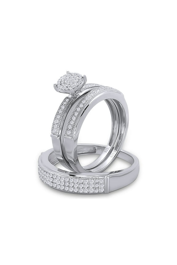 0.50 Carat (ctw) Round White Lab Created Moissanite Diamond Men's and Women's Engagement Ring Trio Bridal Set In 14K White Gold Plated 925 Sterling Silver Size: Women-4 & Men-7