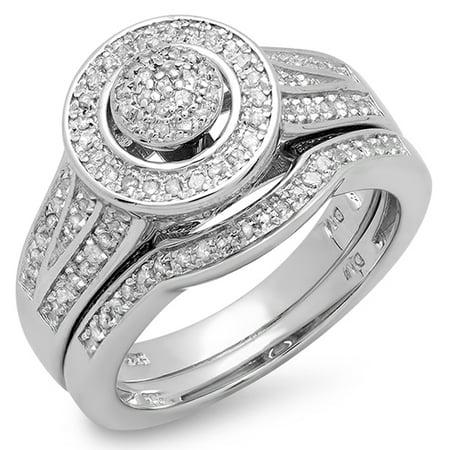 0.50 Carat (ctw) Sterling Silver White Diamond Round Ladies Bridal Engagement Ring Set 1/2 CT