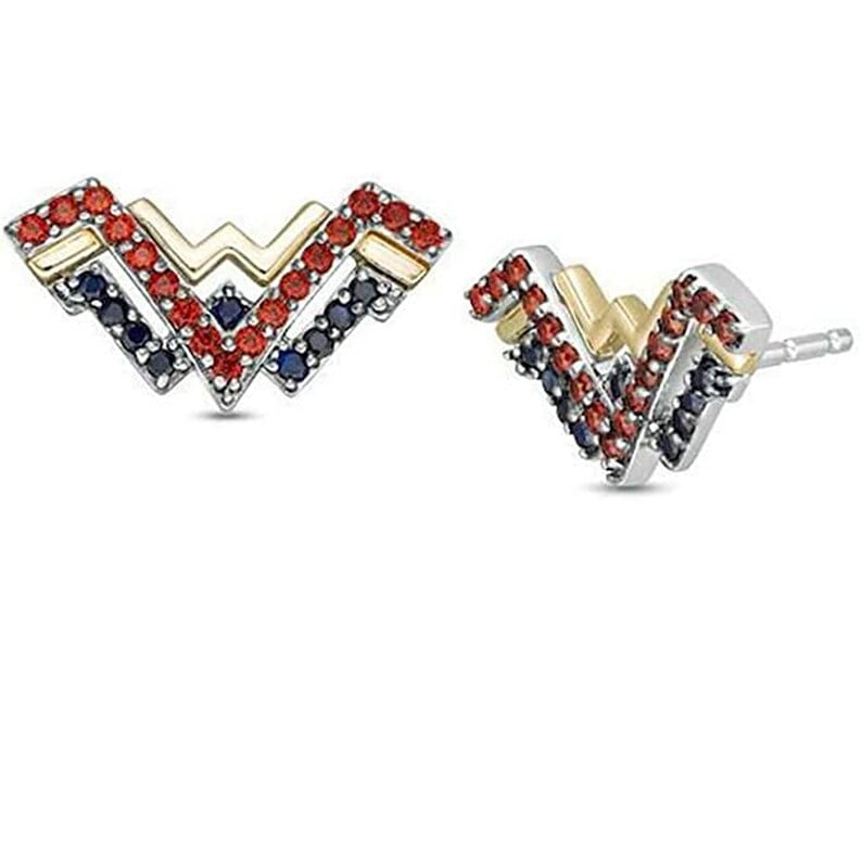 0.50 Ct Round Cut Lab-Created Sapphire \u0026 Garnet Wonder Woman Stud Earrings In 14k Two Tone Gold Finish