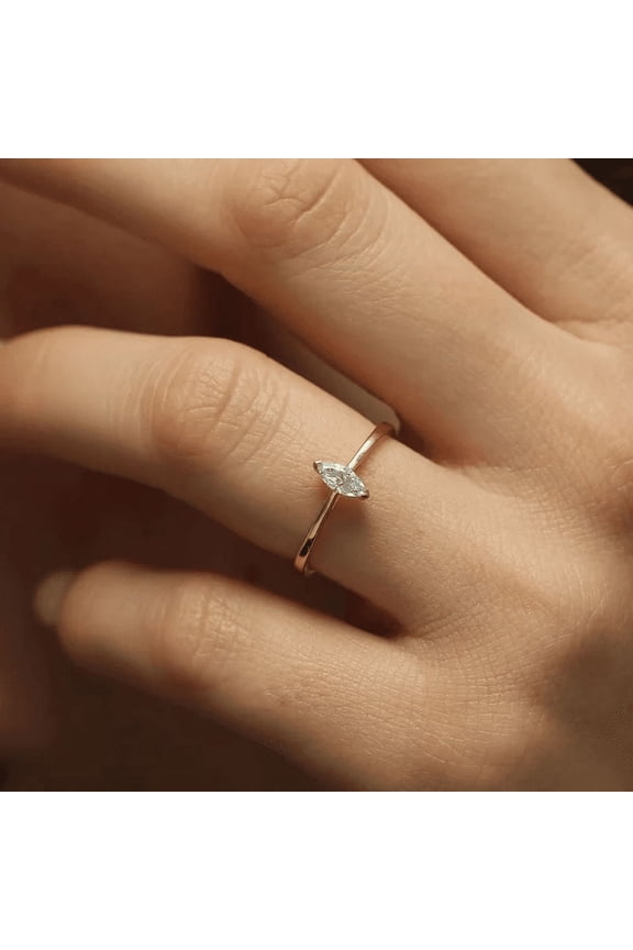 0.50Ct Marquise Cut Real Moissanite Women's Tiny Solitaire Ring in 14k Yellow Gold Plated