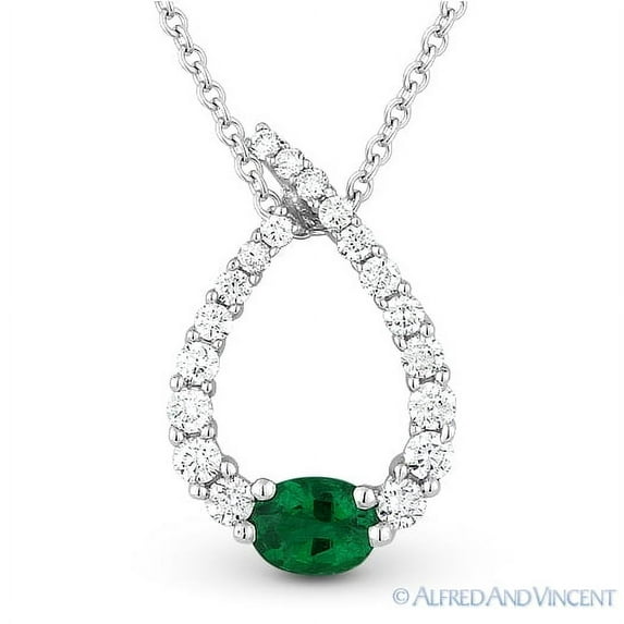 0.50ct Emerald & Diamond Tear-Drop Journey Pendant & Chain Necklace in 14k White Gold