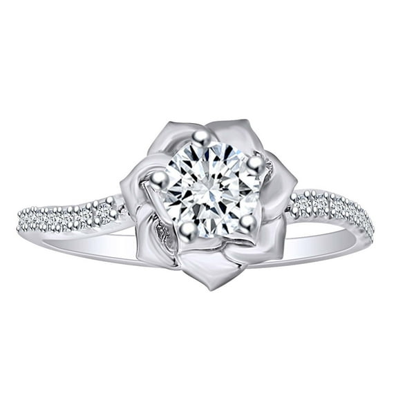 AFFY 0.51 Carat Round Shape Natural Diamond Rose Flower Engagement Ring 14K Solid White Gold Ring Size-5.5