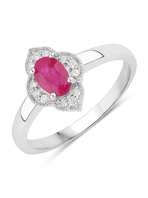 0.52 Ct Oval Pink Mozambique Ruby & Lab Diamond Prong Silver Floral Halo Ring