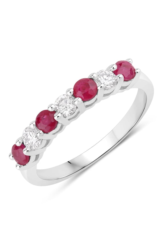 0.52 Ct Round Pink Mozambique Ruby and Lab Diamond Prong Silver 7 Stone Half Eternity Ring