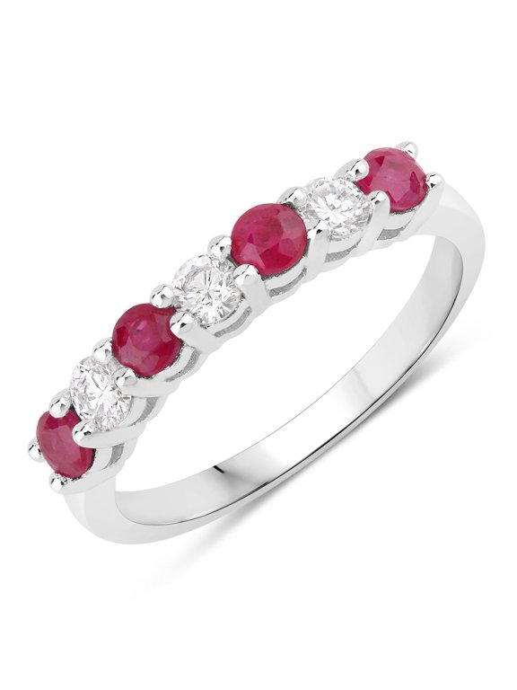 0.52 Ct Round Pink Mozambique Ruby and Lab Diamond Prong Silver 7 Stone Half Eternity Ring
