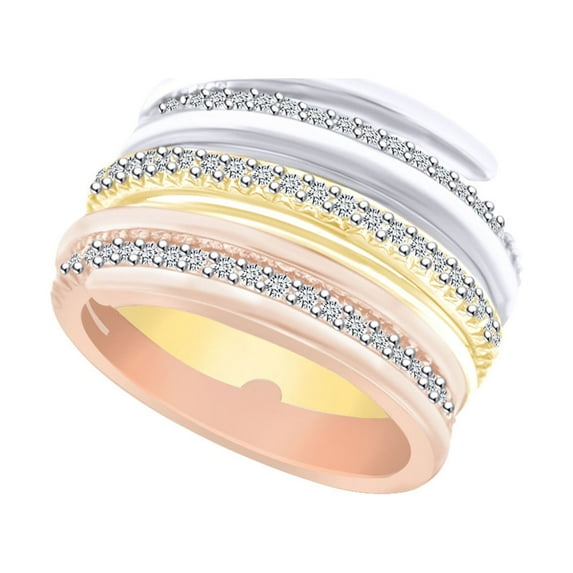 AFFY 0.54 Carat (Ctw) Round Shape White Natural Diamond Tri-Color Wedding Band Ring In 14k Rose Gold Ring Size-4