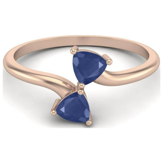 0.54 Cts Trillion Blue Sapphire Double Stone Bypass 925 Sterling Silver Rose Vermeil Valentines Day Gifts Ring