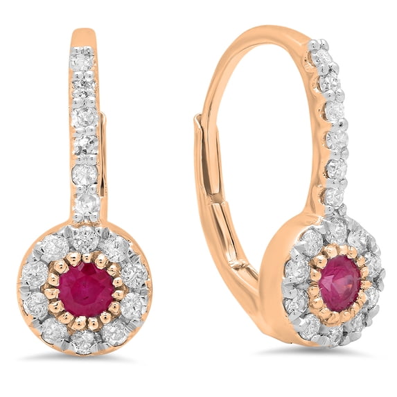 0.55 Carat (Ctw) 10K Rose Gold Round Cut Ruby & White Diamond Ladies Cluster Halo Style Dangling Drop Earrings