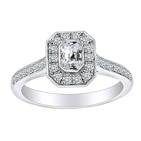 AFFY 0.55 Carat (Ctw) Radiant & Round Shape White Natural Diamond Halo Engagement Ring In 14k Solid White Gold Ring Size-7