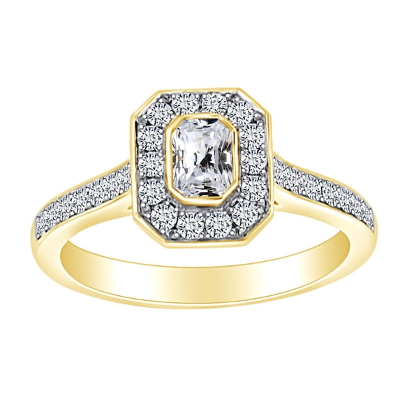 AFFY 0.55 Carat (Ctw) Radiant & Round Shape White Natural Diamond Halo Engagement Ring In 14k Solid Yellow Gold Ring Size-9