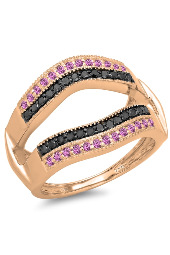 0.55 Carat (ctw) 10K Rose Gold Round Pink Sapphire & Black Diamond Ladies Double Row Anniversary Wedding Band Millgrain