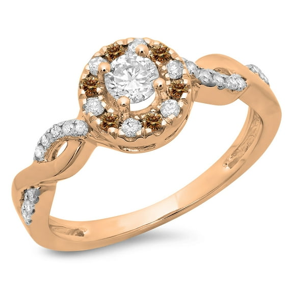 0.55 Carat (ctw) 14K Rose Gold Round Cut Champagne & White Diamond Ladies Swirl Bridal Halo Engagement Ring 1/2 CT