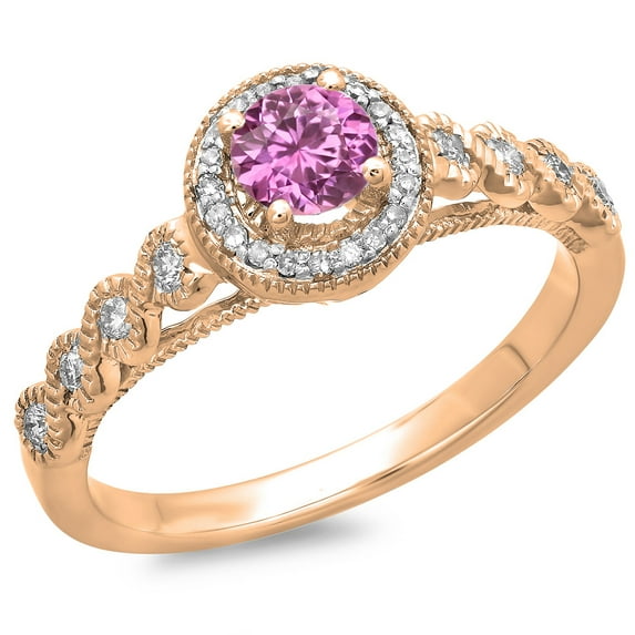 0.55 Carat (ctw) 14K Rose Gold Round Cut Pink Sapphire & White Diamond Ladies Bridal Vintage & Antique Millgrain Halo St