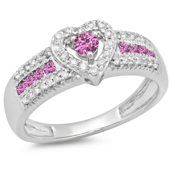 0.55 Carat (ctw) 14K White Gold Round Cut Pink Sapphire & White Diamond Ladies Bridal Heart Shaped Promise Engagement Ri