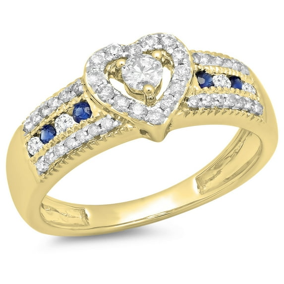 0.55 Carat (ctw) 14K Yellow Gold Round Cut Blue Sapphire & White Diamond Ladies Bridal Heart Shaped Promise Engagement R