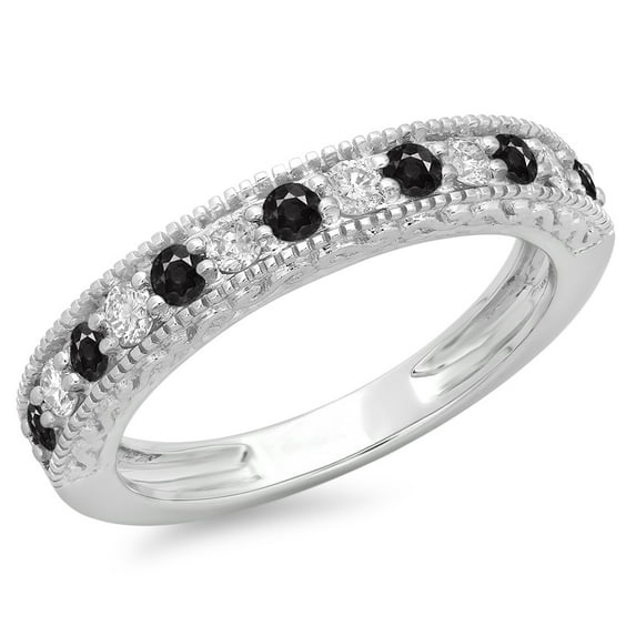 0.55 Carat (ctw) 18K White Gold Round Cut Black & White Diamond Ladies Millgrain Anniversary Wedding Stackable Band 1/2