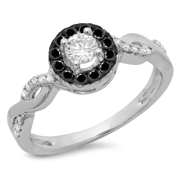 0.55 Carat (ctw) 18K White Gold Round Cut Black & White Diamond Ladies Swirl Bridal Halo Engagement Ring 1/2 CT
