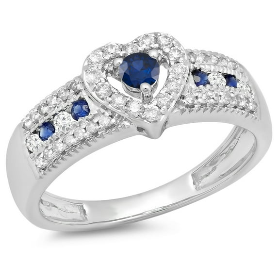 0.55 Carat (ctw) 18K White Gold Round Cut Blue Sapphire & White Diamond Ladies Bridal Heart Shaped Promise Engagement Ri