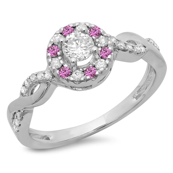 0.55 Carat (ctw) 18K White Gold Round Cut Pink Sapphire & White Diamond Ladies Swirl Bridal Halo Engagement Ring 1/2 CT