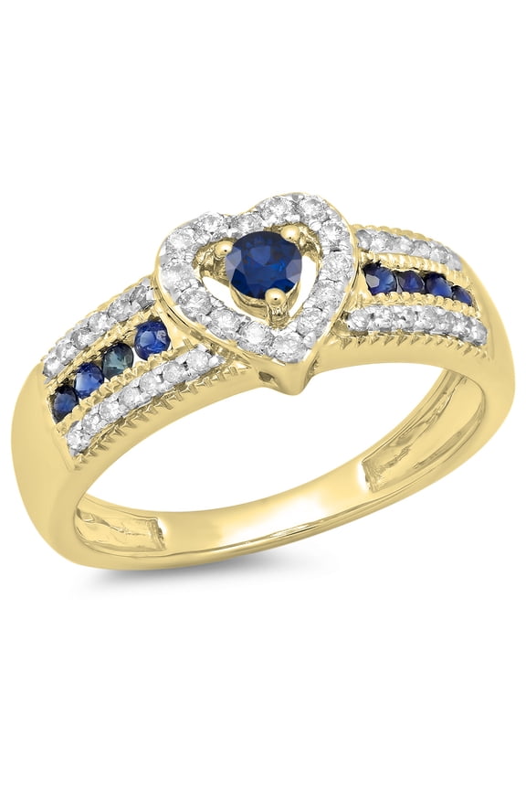 0.55 Carat (ctw) 18K Yellow Gold Round Cut Blue Sapphire & White Diamond Ladies Bridal Heart Shaped Promise Engagement R