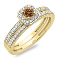 thumbnail image 1 of 0.55 Carat (ctw) 18K Yellow Gold Round Cut Champagne & White Diamond Ladies Halo Engagement Bridal Ring With Matching Ba, 1 of 1