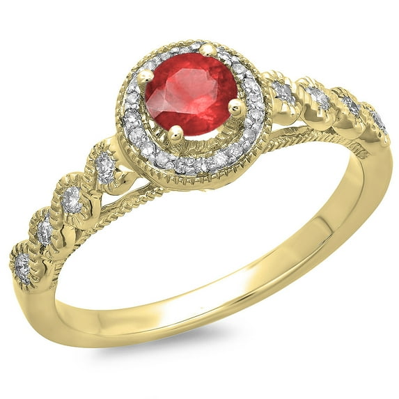 0.55 Carat (ctw) 18K Yellow Gold Round Cut Red Ruby & White Diamond Ladies Bridal Vintage & Antique Millgrain Halo Style