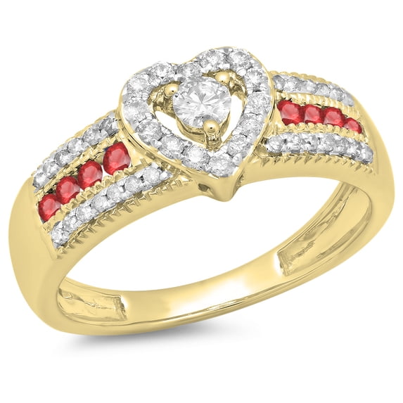 0.55 Carat (ctw) 18K Yellow Gold Round Cut Ruby & White Diamond Ladies Bridal Heart Shaped Promise Engagement Ring 1/2 C