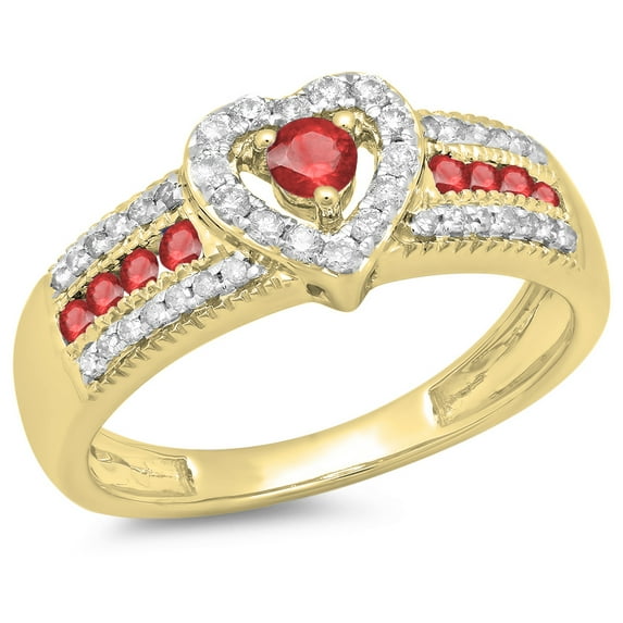 0.55 Carat (ctw) 18K Yellow Gold Round Cut Ruby & White Diamond Ladies Bridal Heart Shaped Promise Engagement Ring 1/2 C