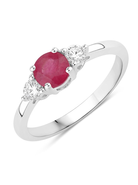 0.55 Ct Round Pink Mozambique Ruby & Lab Diamond Prong Silver Three Stone Ring