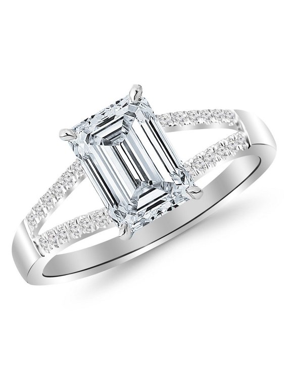 0.55 Ctw Platinum Curving Split Shank Diamond Engagement Ring Emerald Shape (0.4 Ct E Color SI2 Clarity Center Stone)