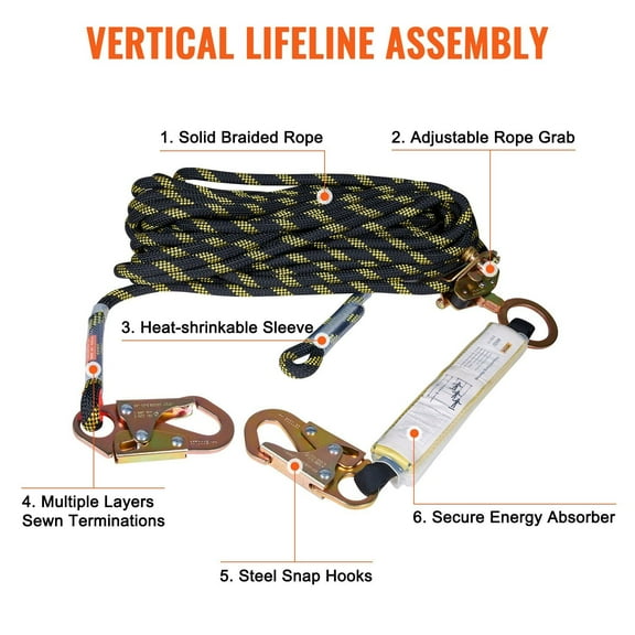 0.55'' x 50' Vertical Lifeline Fall Protection Rope Kit - 30KN Strength, Polyester Roof Safety Rope with Steel Snap Hooks, Rope Grab & Shock Absorber - ANSI Compliant