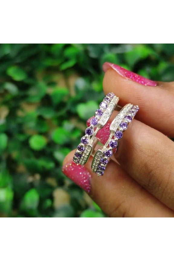 0.55Ct Purple Amethyst and White Diamond Cathedral Solitaire Enhancer Wedding Ring Guard