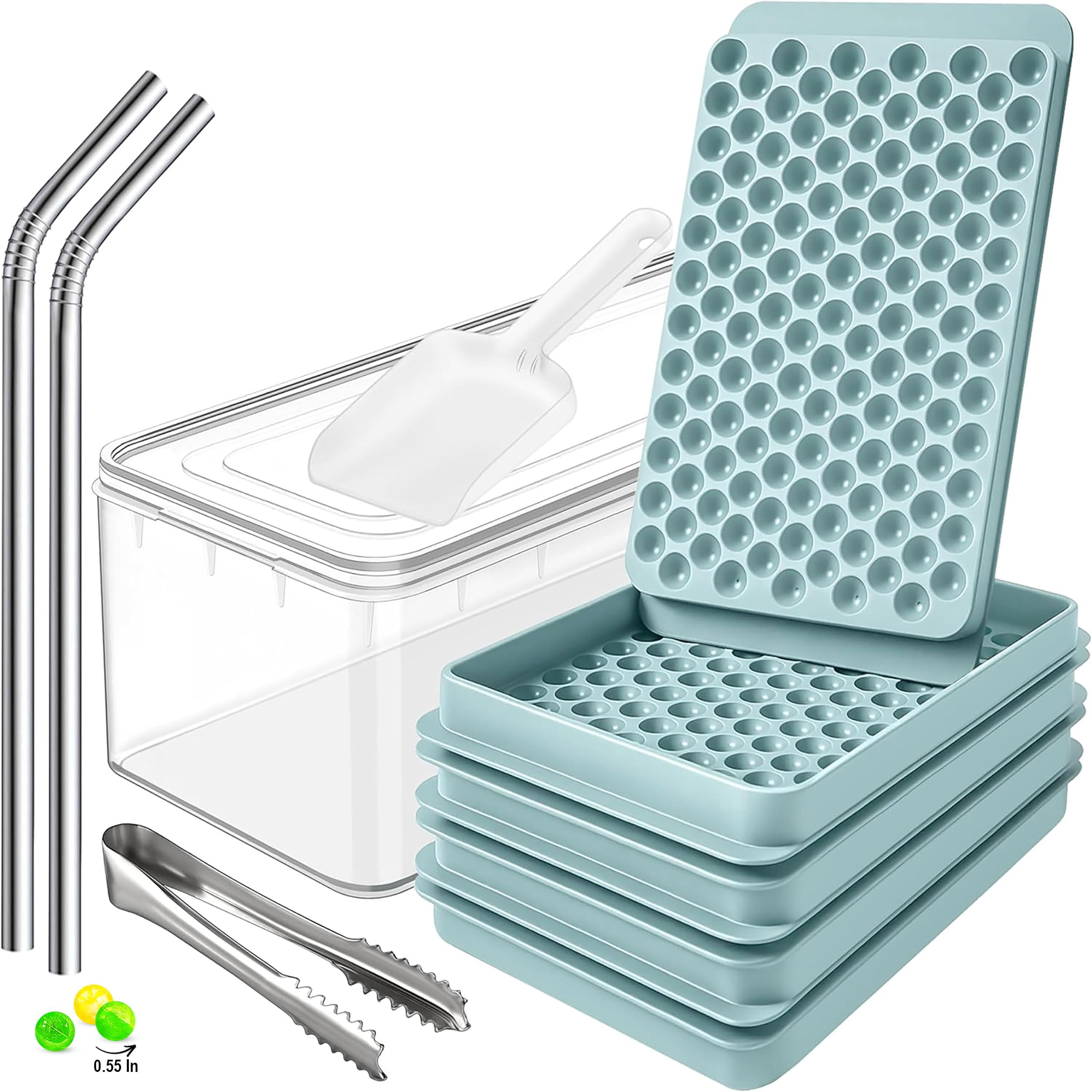 0.55in Mini Ice Cube Trays - Tiny Pebble For Iced Coffee & Fast Chill  Easy Twist Release Stackable With Lid Storage Bin Tongs 2 Straws (4 Pack Blue)