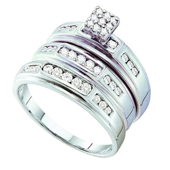 0.56 Carat (ctw) 14k White Gold Brilliant White Diamond Men's & Women's Bridal Engagement Ring Trio Set