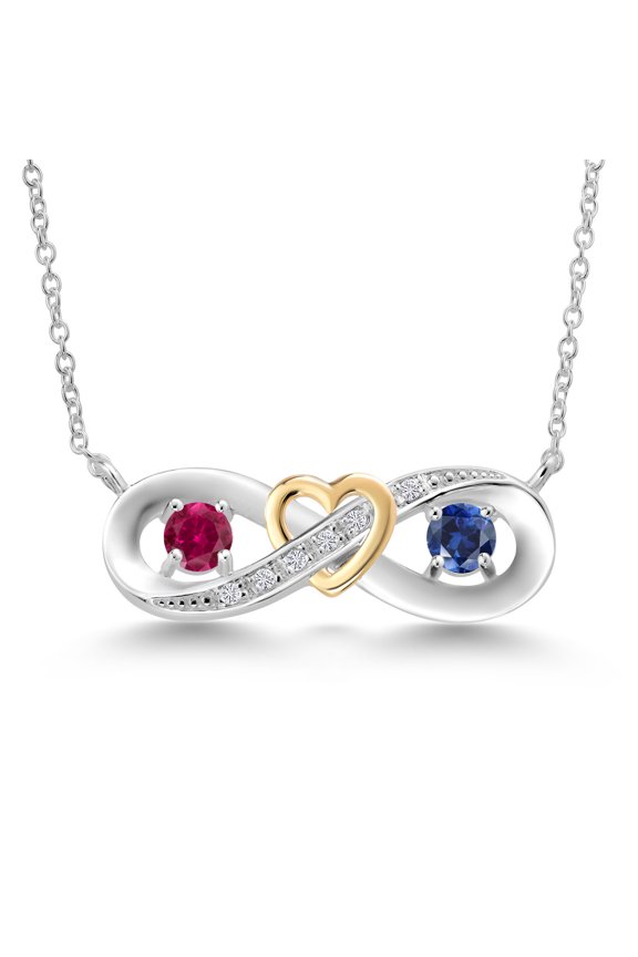 0.56 Ct Red Created Ruby Blue Created Sapphire 925 Silver and 10K Yellow Gold Two-Tone Heart Interlocking Infinity Symbol Lab Grown Diamond Pendant Necklace for Women with 18 inch Chain
