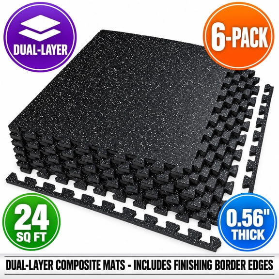0.56'' Thick 6 Pcs 24 Sq Ft Rubber Top Exercise Equipment Mats, High Density EVA Foam Mats with Rubber Top, Interlocking Gym Flooring for Home Gym, Protective Workout Mat, Black/Grey